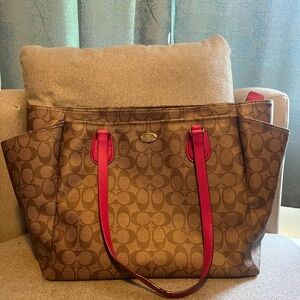 Coach Brown Tote Bag with Red Accents